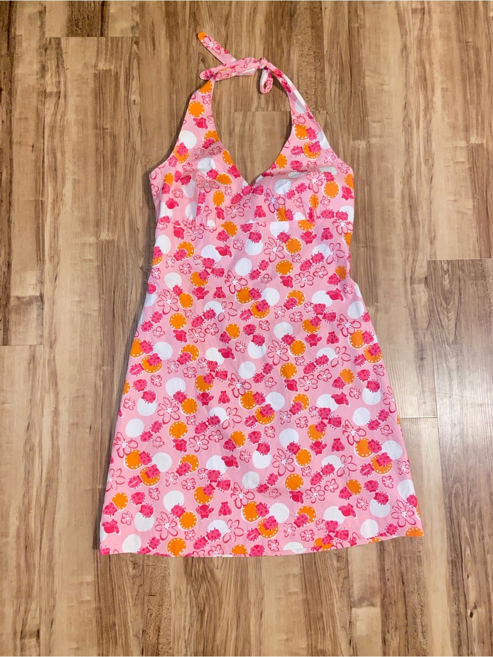 Vintage Lilly Pulitzer "Bocci" Halter Dress Sz 10 Pink Orange Ladybug Daisy
